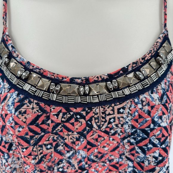 Maurices Womens Navy Red Print Beaded Strappy Sharkbite Hem Lined Tank Size S - Picture 3 of 7